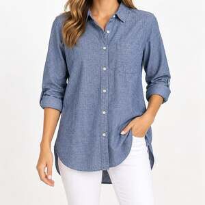 MarleyLilly Womens L Blue Chambray Button Down Tunic Shirt Cotton Casual NEW